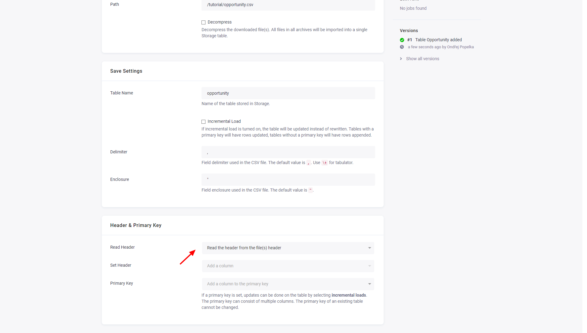 Screenshot - Header & Primary Key