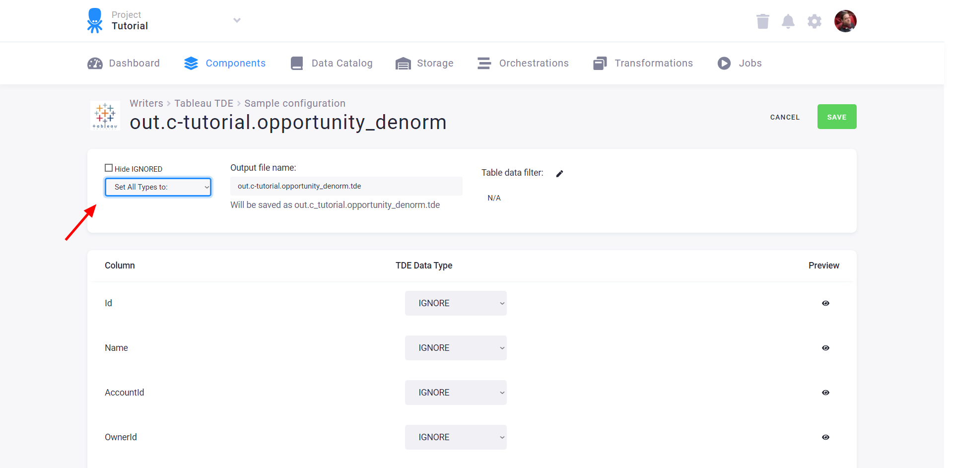 Screenshot - Table Configuration Start